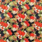 Tissu tahitien noir, hibiscus rouges et blancs 50 X 110 cm