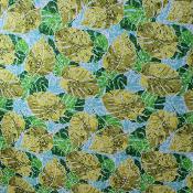 Tissu vert et bleu turquoise, grandes feuilles de monsteras