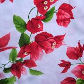 Tissu fibranne blanc et fleurs de bougainvilliers rouges - Largeur 150 cm