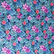 Tissu tahitien bleu, hibiscus et monsteras 50 X 110 cm