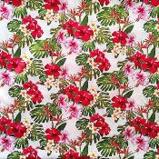 Tissu blanc hibiscus rouges et roses 50 X 110 cm