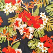 Tissu tahitien noir, hibiscus rouges et blancs 50 X 110 cm