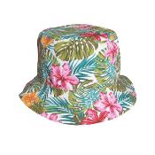 Chapeau bob blanc, hibiscus et feuilles de monstera