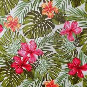 Tissu tahitien ivoire, hibiscus et monsteras 50 X 110 cm