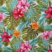 Tissu tahitien blanc, hibiscus et monsteras 50 X 110 cm