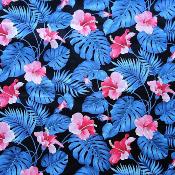 Tissu noir, hibiscus rose et feuillage bleu 50 X 110 cm