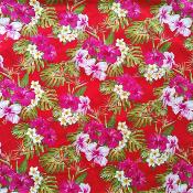 Tissu tahitien rouge, hibiscus roses et tipaniés 50 X 110 cm