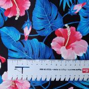 Tissu noir, hibiscus rose et feuillage bleu 50 X 110 cm