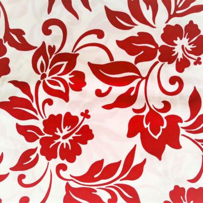 Tissu blanc feuillages et hibiscus rouges 50 X 110 cm