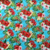 Tissu tahitien turquoise, hibiscus et tipaniés 50 X 110 cm