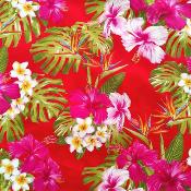 Tissu tahitien rouge, hibiscus roses et tipaniés 50 X 110 cm