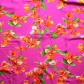 Tissu fibranne rose et fleurs de bougainvilliers oranges - Largeur 150 cm