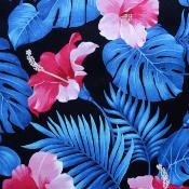 Tissu noir, hibiscus rose et feuillage bleu 50 X 110 cm