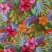 Tissu tahitien orange, hibiscus et monsteras 50 X 110 cm