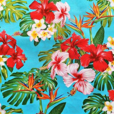 Tissu tahitien turquoise, hibiscus et tipaniés 50 X 110 cm