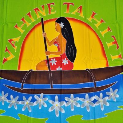 Paréo tahitien, vahiné sur sa pirogue