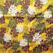 Tissu coton jaune et marron, grandes feuilles de monsteras