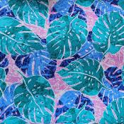 Tissu bleu turquoise et rose, grandes feuilles de monsteras