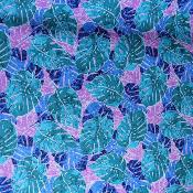 Tissu bleu turquoise et rose, grandes feuilles de monsteras