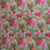 Tissu tahitien ivoire, hibiscus et monsteras 50 X 110 cm