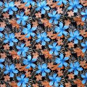 Tissu noir hibiscus orange et bleu 50 X 110 cm