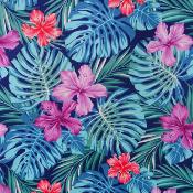 Tissu tahitien bleu, hibiscus et monsteras 50 X 110 cm